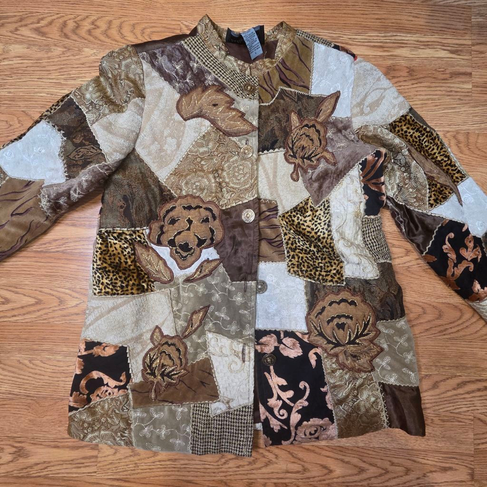 Indigo Moon Patchwork Jacket L Brown Beige - image 3